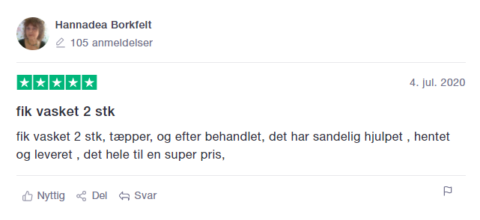 Anmeldelse Trustpilot - Renseriet.dk - Tæpperens I Hele Danmark